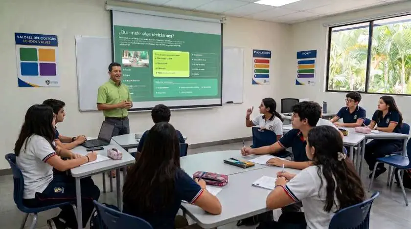 Capacitación de reciclaje de Reciclo+ con estudiantes en un aula